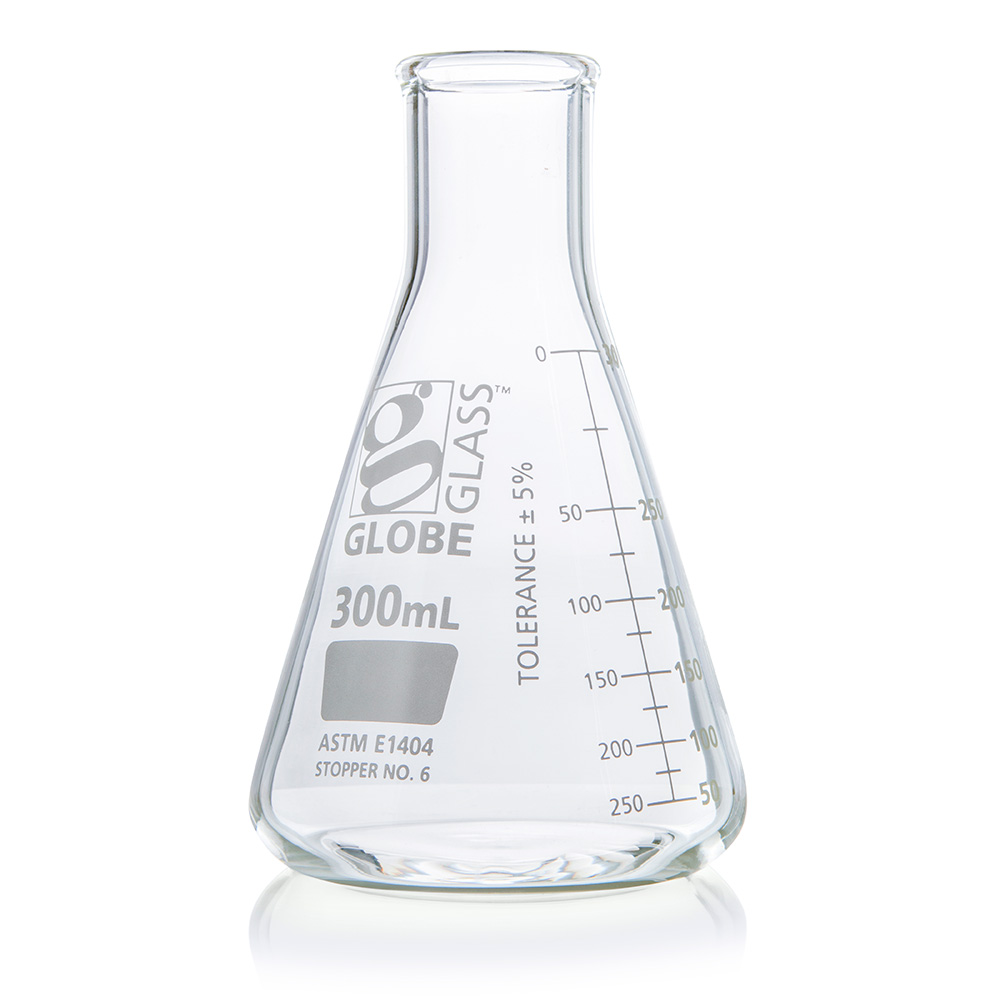 Globe Scientific Flask, Erlenmeyer, Globe Glass, 300mL, Narrow Mouth, Dual Graduations, ASTM E1404, 12/Box Image